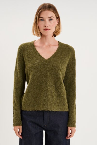Pull col V ajour&eacute; manches longues vert olive femme