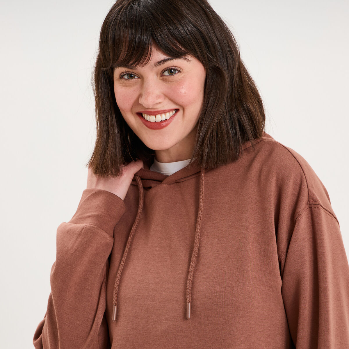 Sweat hoodie manches longues &agrave; capuche marron femme