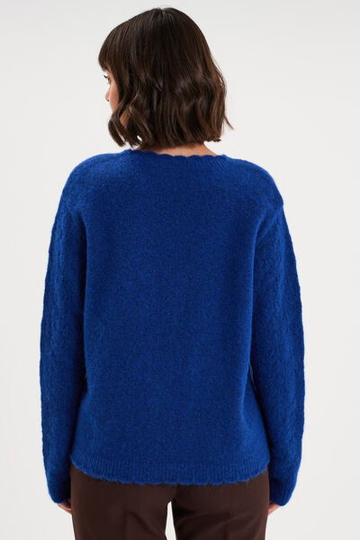 Pull col V ajour&eacute; manches longues bleu roi femme