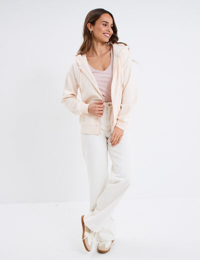 Sweat zippé à capuche beige femme