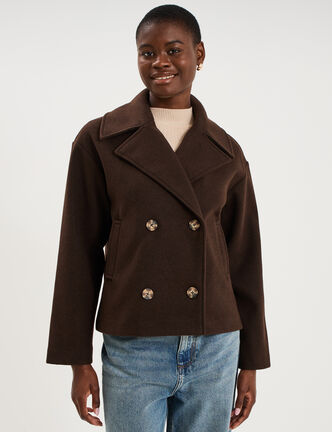 Manteau court double boutonnage marron fonc&eacute; femme
