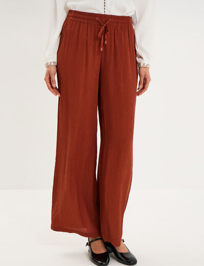 Pantalon effet cr&ecirc;pe taille &eacute;lastiqu&eacute;e marron femme