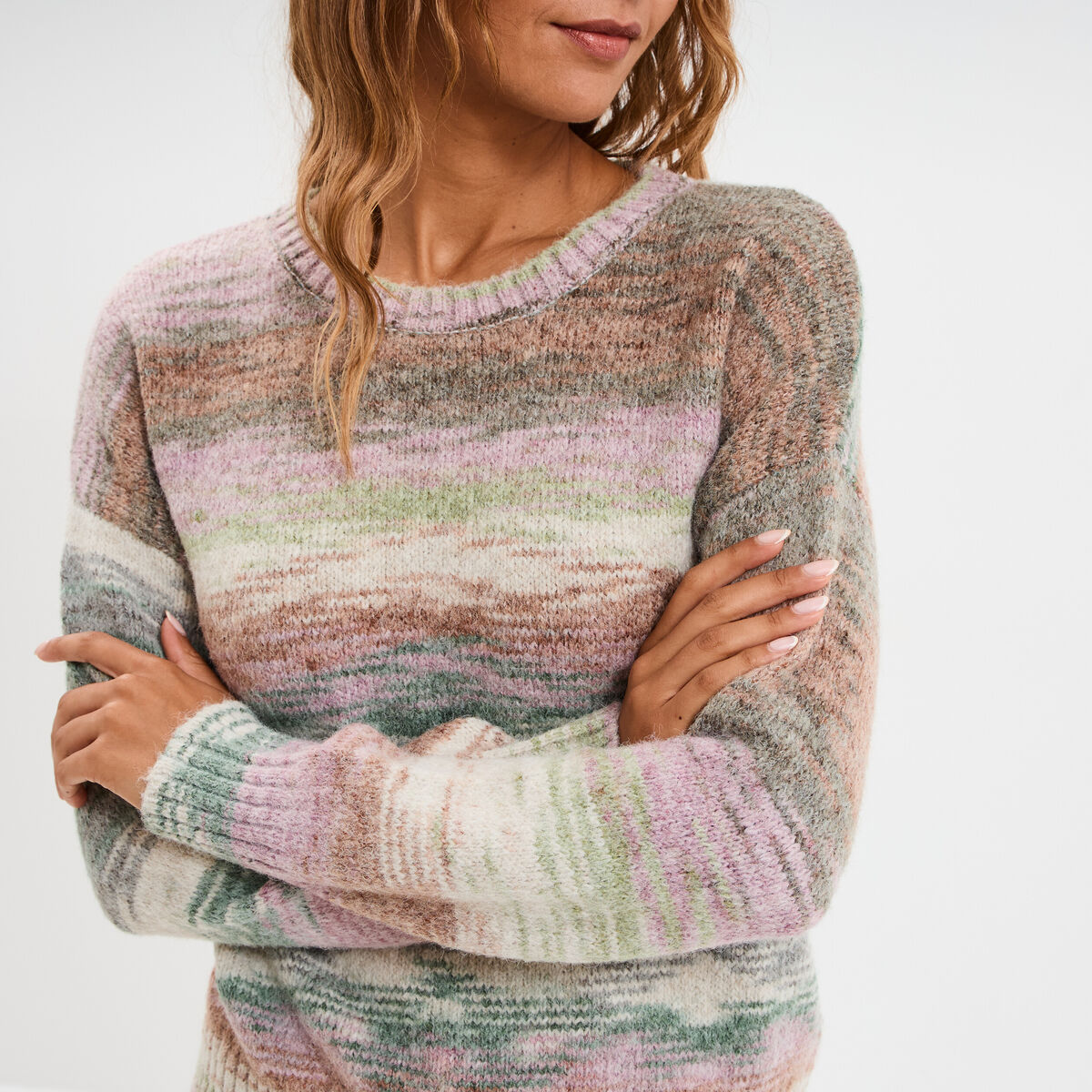 Pull col rond manches longues multicolore femme
