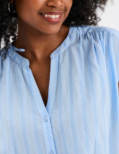 Blouse sans manches col tunisien coton bleu ciel femme