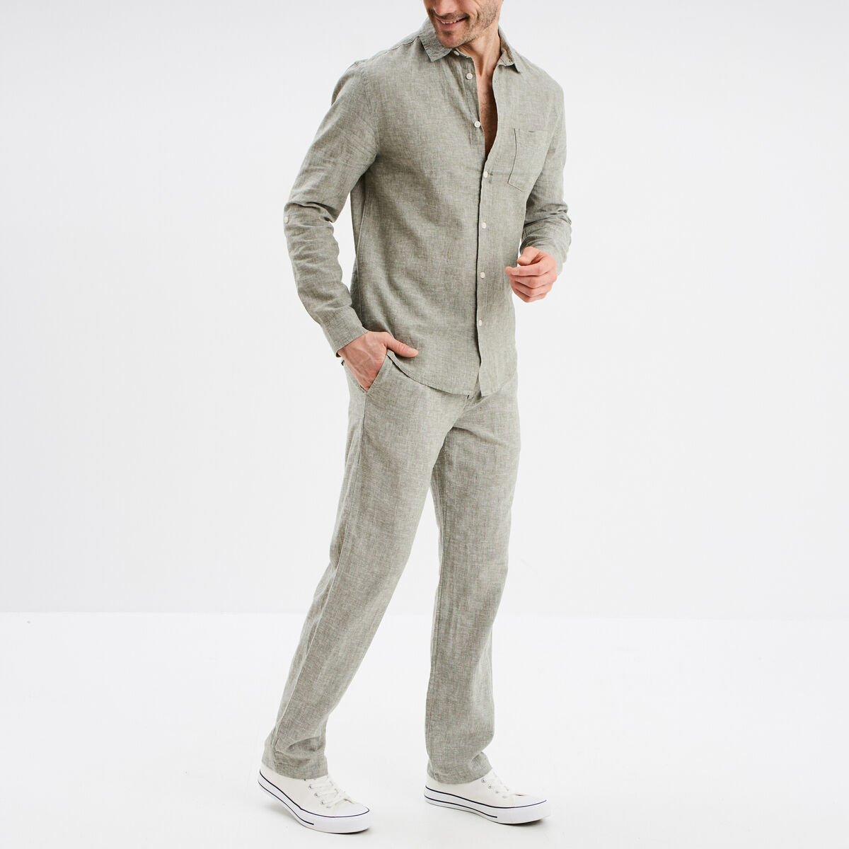 Pantalon chino droit lin m&eacute;lang&eacute; vert kaki homme