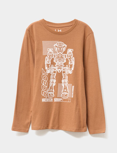 T-shirt col rond manches longues coton camel garçon