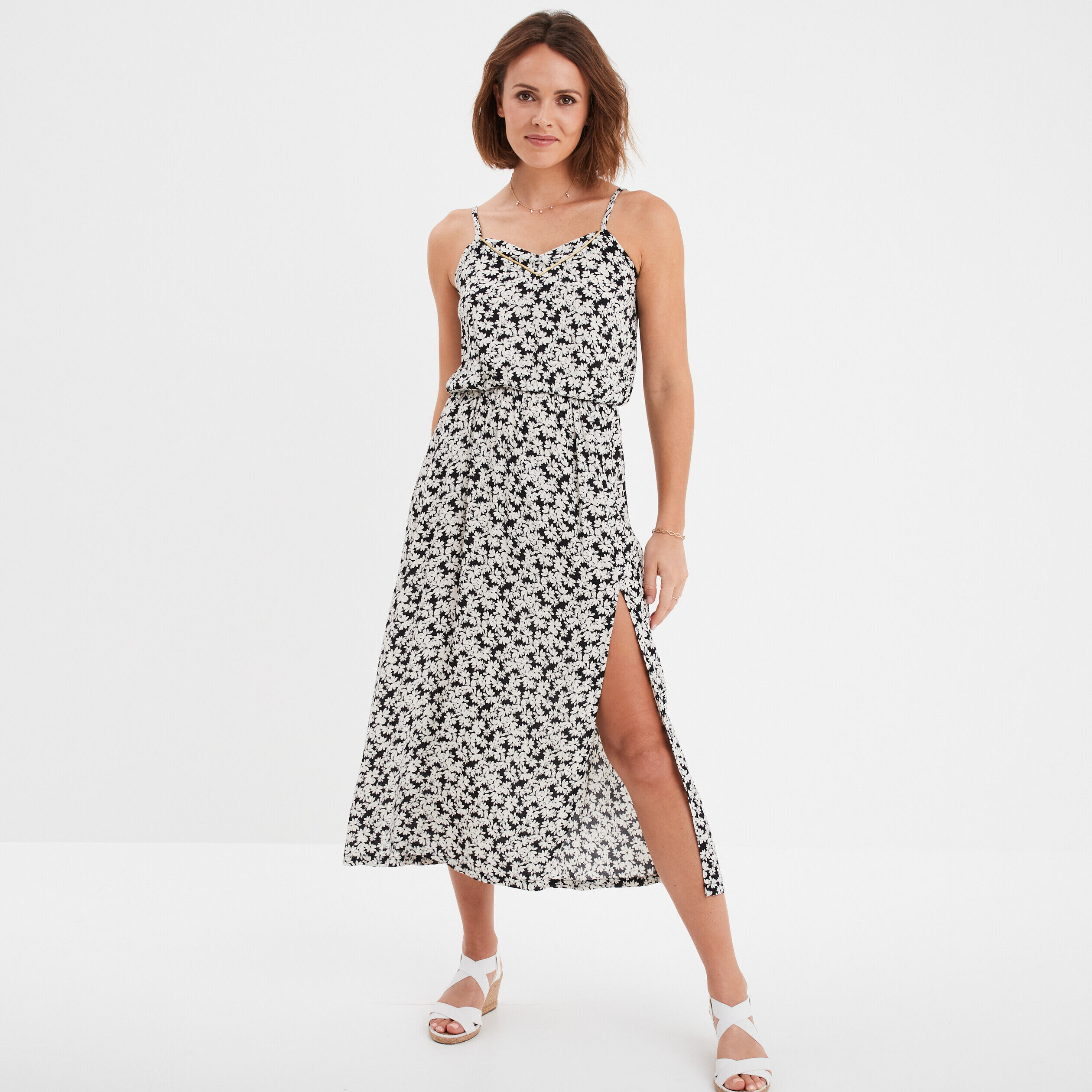Robe midi à bretelles taille élastiquée noir femme LH