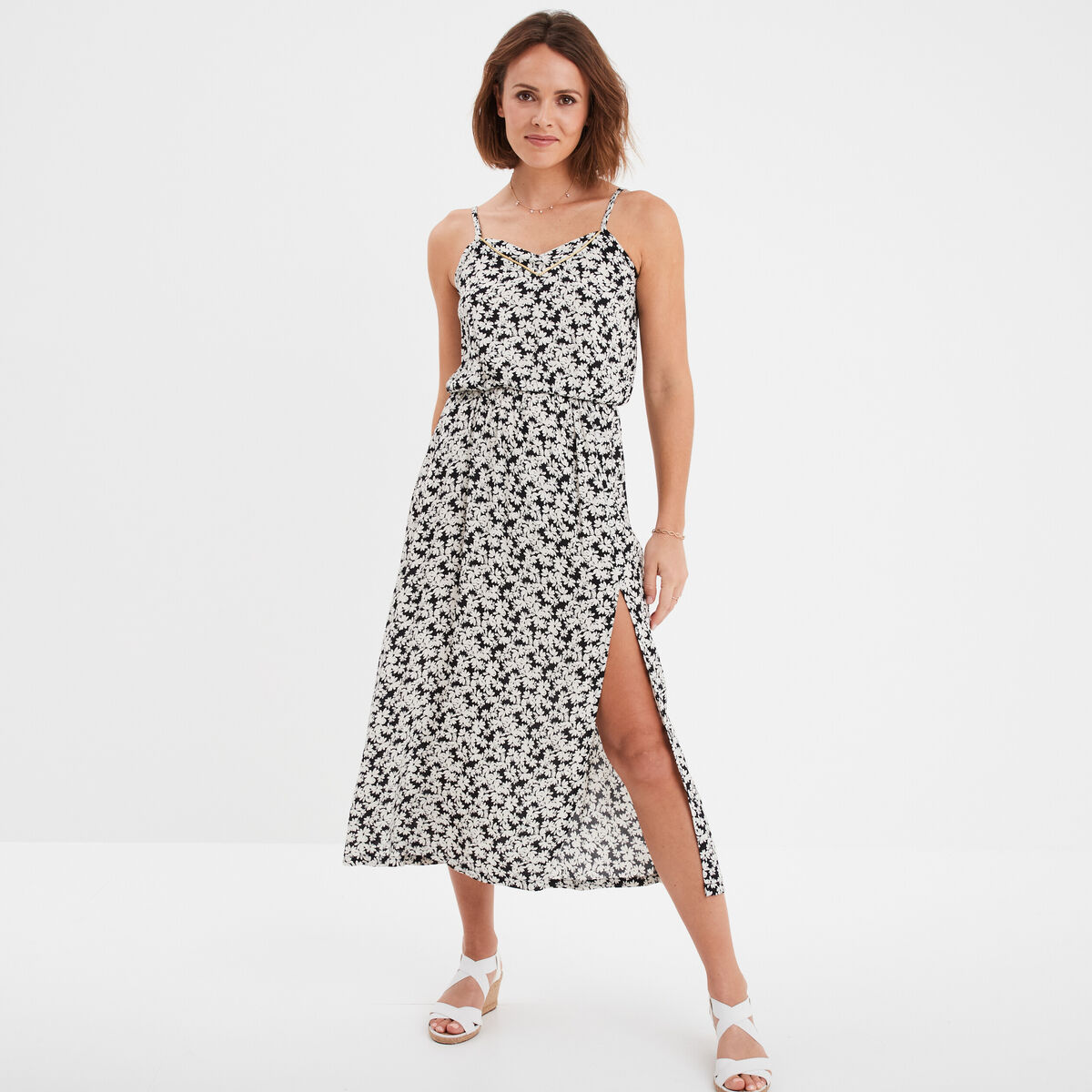 Robe midi à bretelles taille élastiquée noir femme