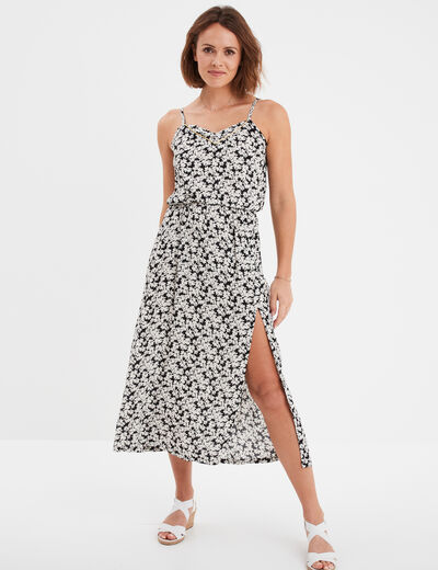 Robe midi à bretelles taille élastiquée noir femme
