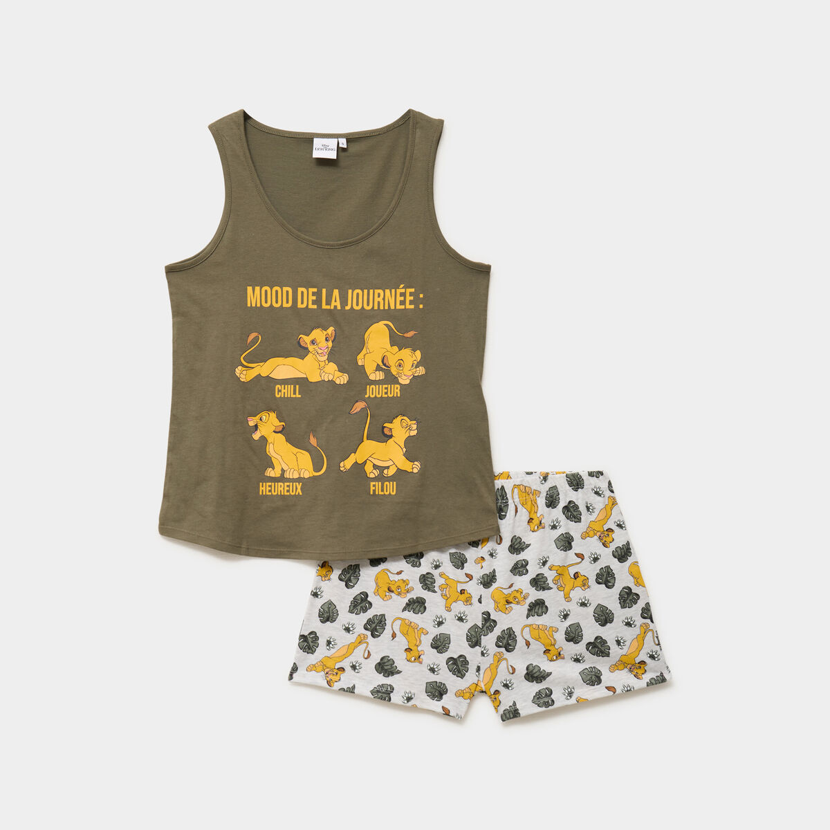 Ensemble pyjama short coton Le Roi lion vert kaki femme