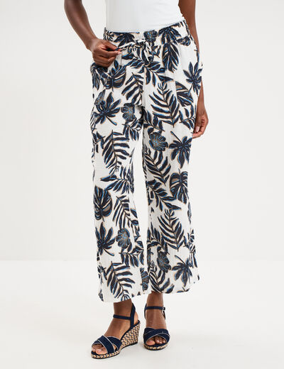 Pantalon fluide &eacute;lastiqu&eacute; gaze de coton ecru femme