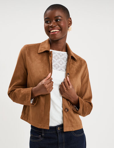 Veste courte effet su&eacute;dine marron femme