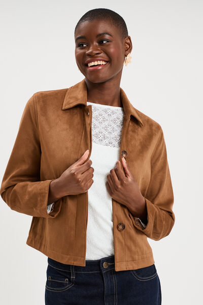 Veste courte effet su&eacute;dine marron femme
