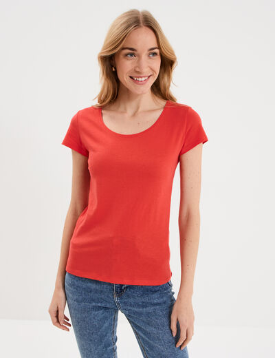 T-shirt coton col rond manches courtes rouge femme