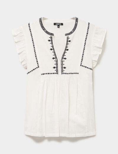 Blouse brod&eacute;e &agrave; volants coton blanc femme