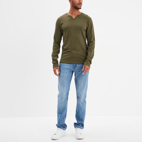 T-shirt col tunisien manches longues vert kaki homme