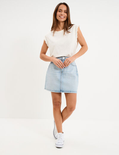 D&eacute;bardeur emmanchures &agrave; dentelle coton ecru femme
