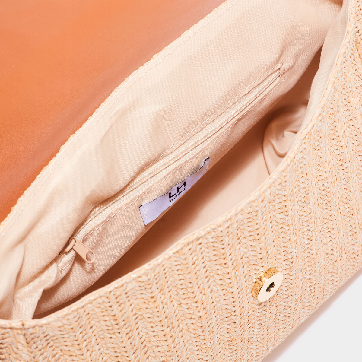Sac paille tressée à rabat marron cognac femme