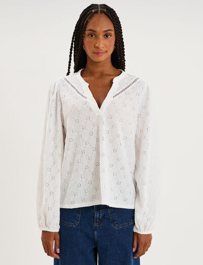 Blouse broderie anglaise manches longues blanc femme