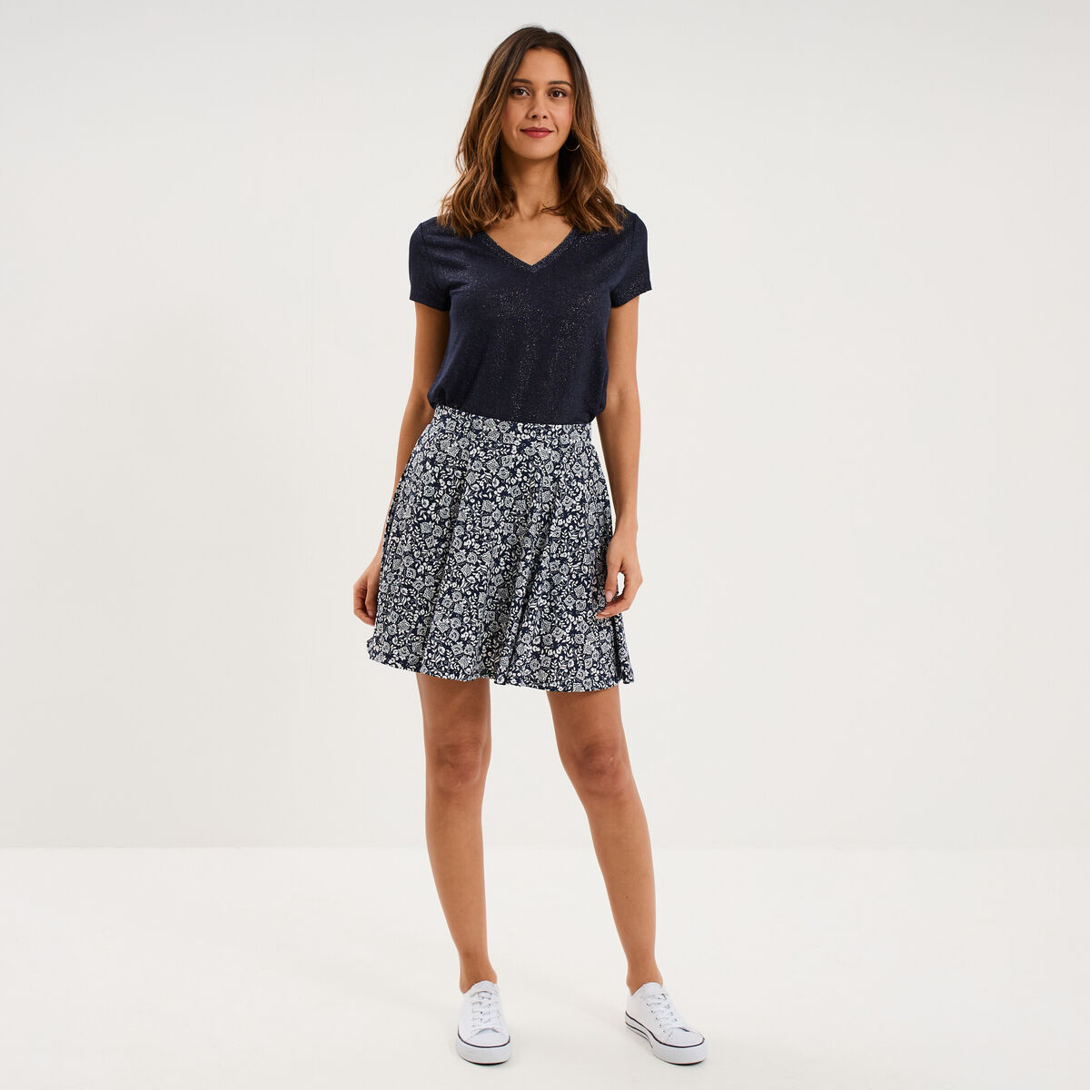 Jupe fluide patineuse avec short int&eacute;gr&eacute; bleu marine femme
