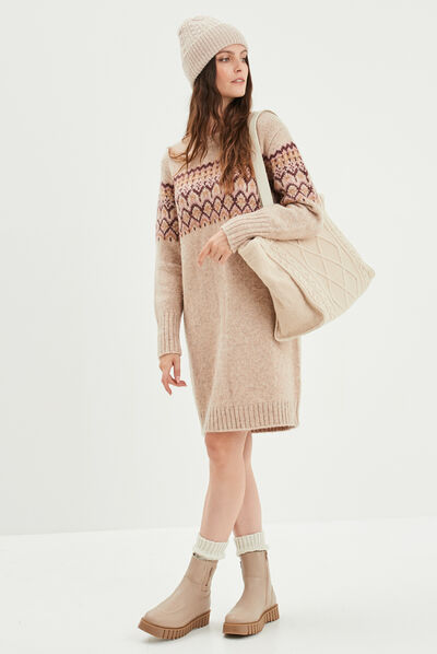 Robe pull droite courte col rond Creeks beige femme