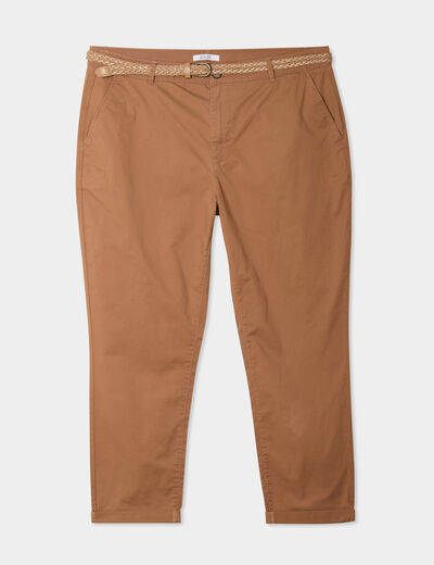 Pantalon chino cigarette ceinturé coton marron clair femme grande taille