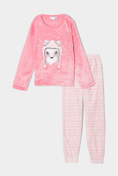 Ensemble pyjama pantalon pilou à pompons rose fille