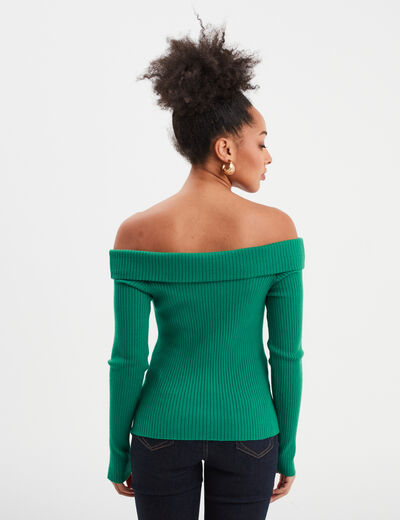 Pull côtelé col bardot manches longues vert femme