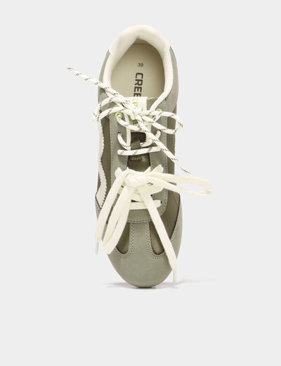 Baskets &agrave; lacets doubles semelle fine vert kaki femme