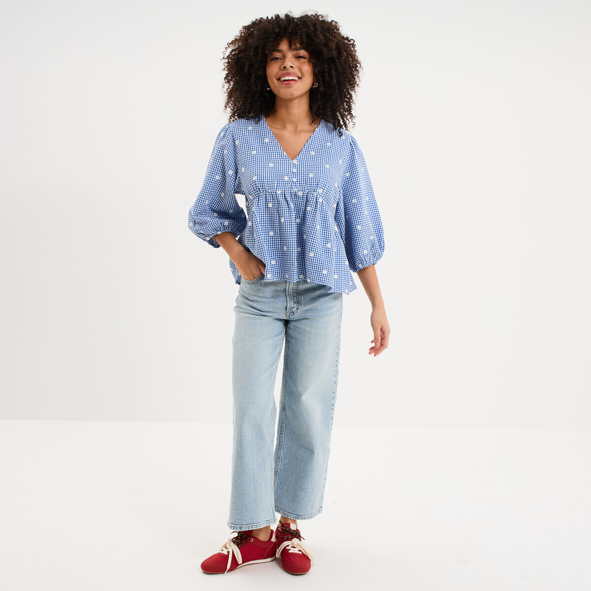Blouse brod&eacute;e &agrave; basque manches 3/4 bleu marine femme