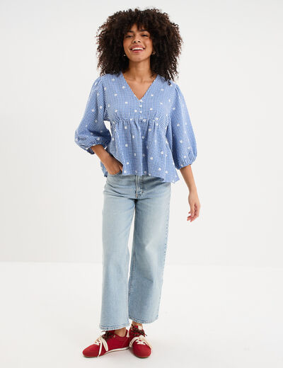 Blouse brod&eacute;e &agrave; basque manches 3/4 bleu marine femme