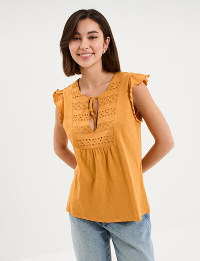 T-shirt avec broderie coton jaune moutarde femme
