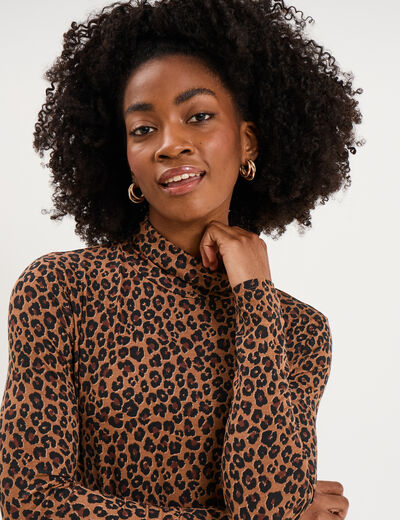 T-shirt col roul&eacute; manches longues camel femme