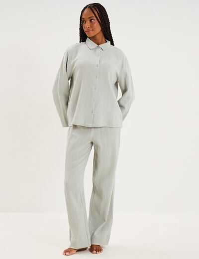 Ensemble pyjama chemise pantalon coton vert clair femme
