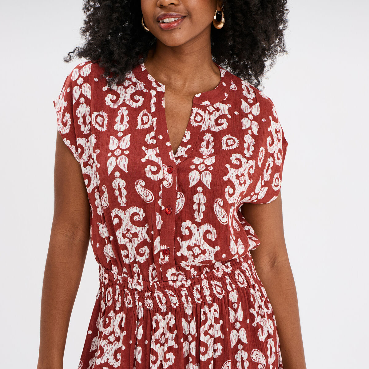 Robe midi crépon col tunisien terracotta femme