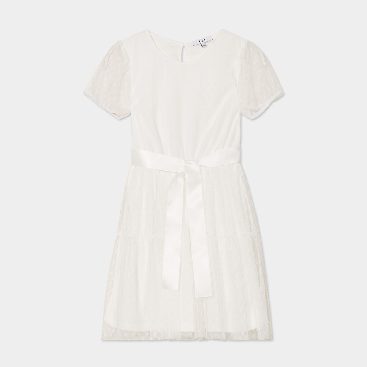 Robe plumetis ceinture satin ivoire fille