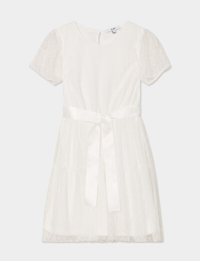 Robe plumetis ceinture satin ivoire fille