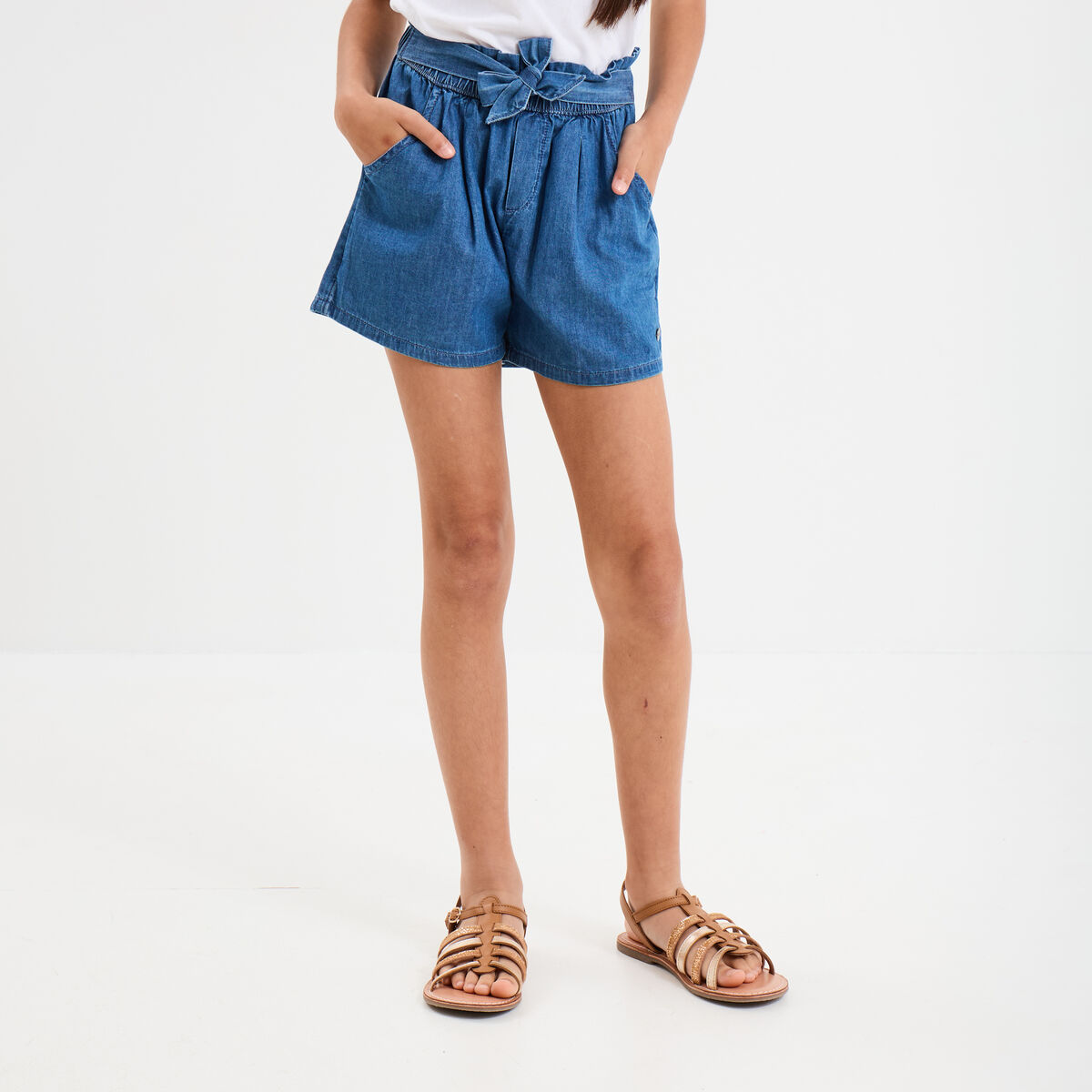Short en jean avec ceinture noeud taille denim stone fille