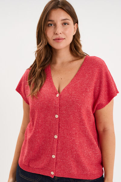 Gilet manches courtes boutonn&eacute; col V rose cerise femme grande taille