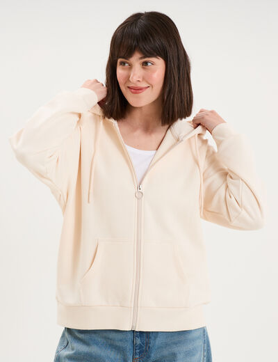 Sweat zipp&eacute; &agrave; capuche beige femme