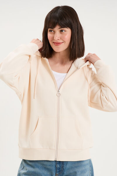 Sweat zipp&eacute; &agrave; capuche beige femme