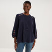 Blouse brod&eacute;e oversize manches 3/4 bleu fonc&eacute; femme