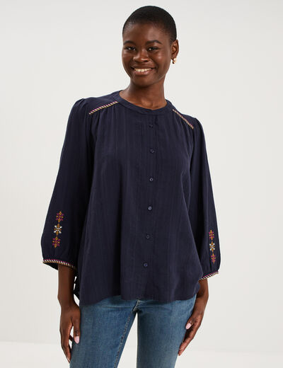 Blouse brod&eacute;e oversize manches 3/4 bleu fonc&eacute; femme
