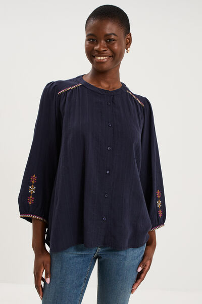 Blouse brod&eacute;e oversize manches 3/4 bleu fonc&eacute; femme