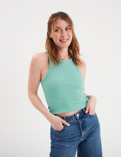 Débardeur côtelé encolure américaine bleu turquoise femme
