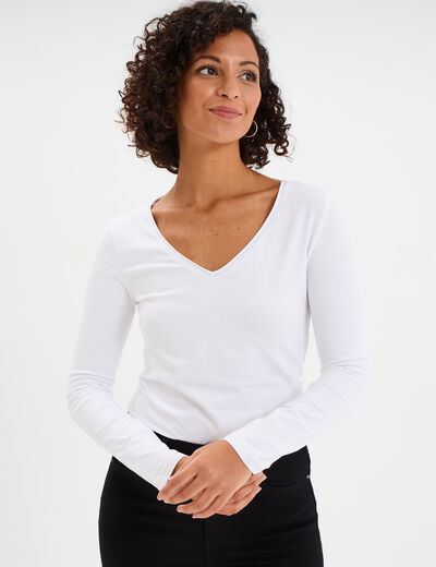 T-shirt manches longues col en V coton blanc femme