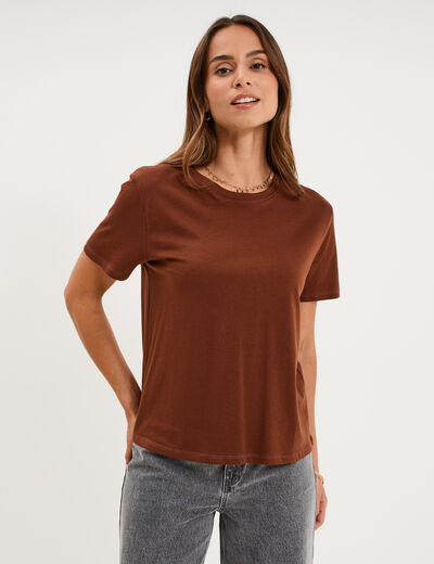 T-shirt col rond manches courtes coton marron fonc&eacute; femme