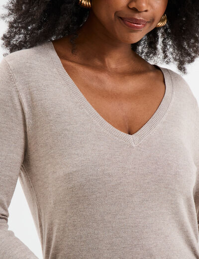 Pull col en V manches longues beige femme