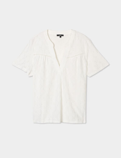 T-shirt broderie anglaise col tunisien blanc femme