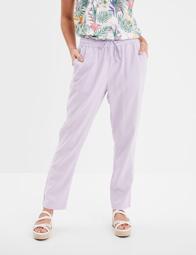 Pantalon en lin droit 7/8ème violet clair femme